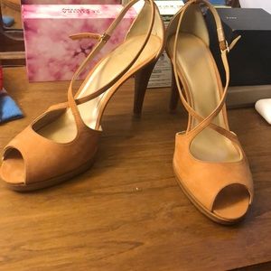 Stuart Weitzman cognac suede heels.